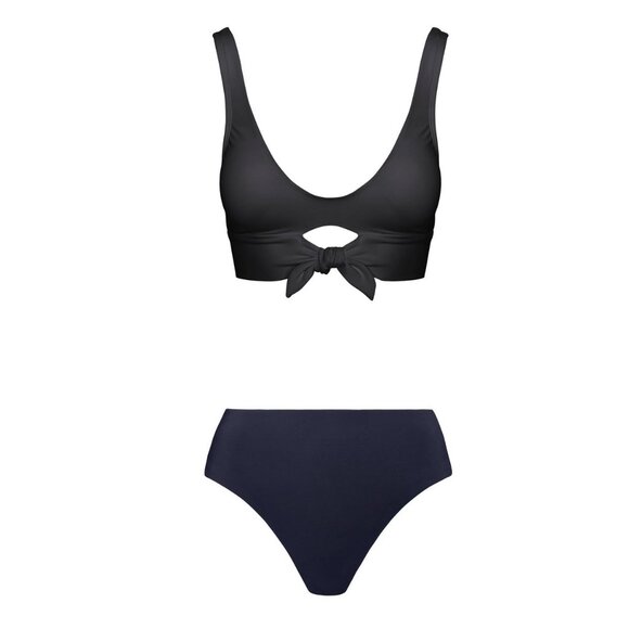 Robin Piccone Ava Knot Bikini Top Black & Aubrey High Waist Bikini Bottoms Sz L